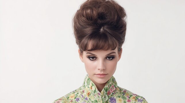 Woman with voluminous beehive hairstyle and floral top against a white background