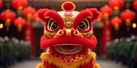 Fototapeta premium Vibrant red lion dance costume with festive lanterns and procession