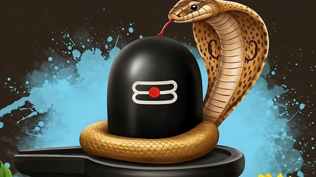 A vibrant 4k digital illustration of a sacred Shiva Lingam with a divine cobra snake, symbolizing Hindu worship and spiritual energy.