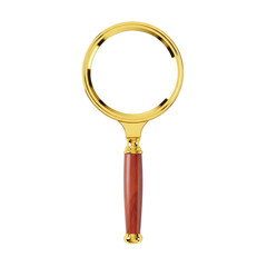A gold rimmed magnifying glass with a wooden handle is isolated on a transparent background