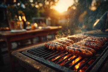 Culinary Experience and Outdoor Cooking. Grilled sausages sizzling on a barbecue at sunset.