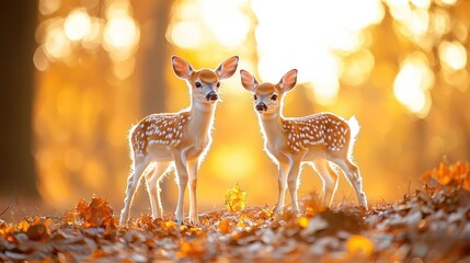 Golden Hour Fawn Pair in Autumn Woods