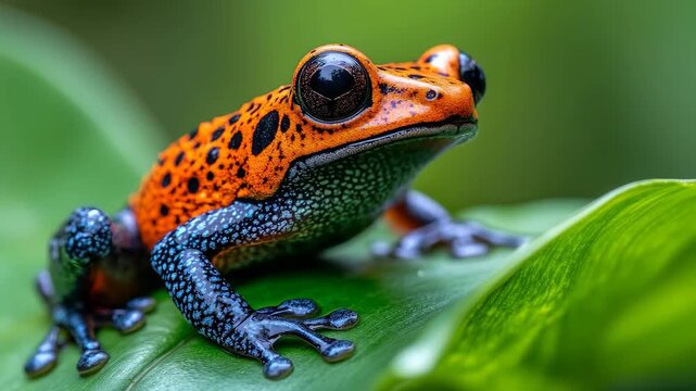A striking orange and blue frog rests on a vibrant green leaf in the heart of a dense rainforest. Sunlight filters through the canopy, highlighting its vivid colors and intricate patterns.