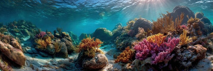 Naklejka premium Underwater Coral Reef Ecosystem. Vibrant marine life thriving in a colorful coral garden.