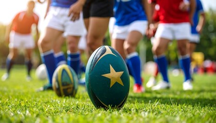 Rugby players and a rugby ball on a field