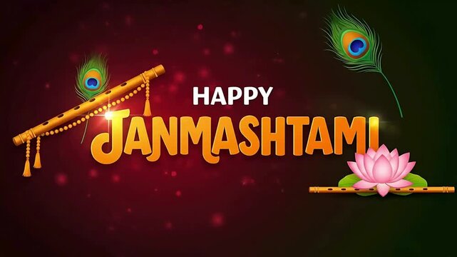 Happy Janmashtami festive greeting card with a divine flute, peacock feather, and lotus flower on a sparkling devotional background.