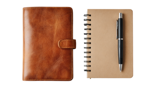Minimalist leather notebook isolated, transparent background