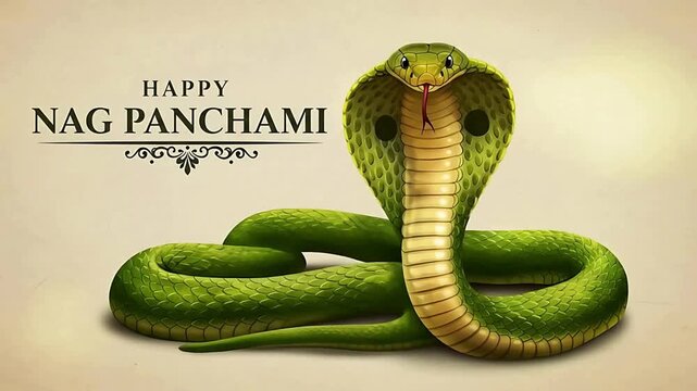 Happy Nag Panchami greeting card with a detailed illustration of a green cobra snake. Religious Hindu festival background for serpent worship.