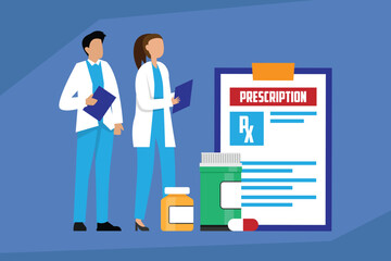 Medical Prescription and Pharmacy Services with Doctors 2d vector illustration