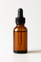 Fototapeta premium Amber glass dropper bottle with black rubber top, isolated on white background. Ideal for skincare, essential oils, or cosmetic serum packaging mockups.