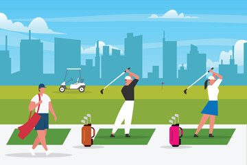 Golf Training and Outdoor Sports Practice with People Playing at Urban Driving Range 2d  vector illustration