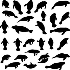 A collection of manatee silhouettes in various poses, swimming and resting, depicted against a white background.