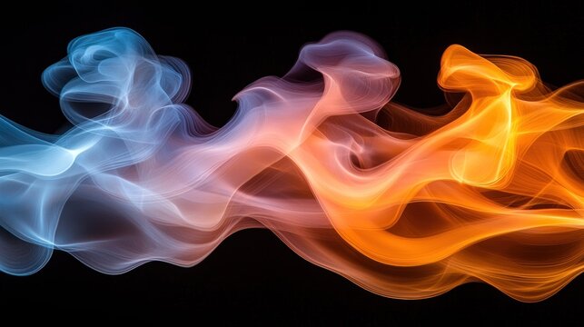 Abstract artwork:  Intense interplay of cool blue and warm orange smoke, swirling in dynamic patterns against a stark black background.  A captivating visual representation of contrasting elements.