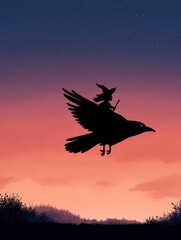 A silhouette of a witch riding a large bird against a vibrant sunset sky filled with stars.