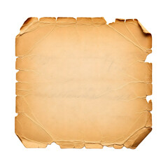 An old and worn piece of parchment paper with torn edges sits isolated on a transparent background