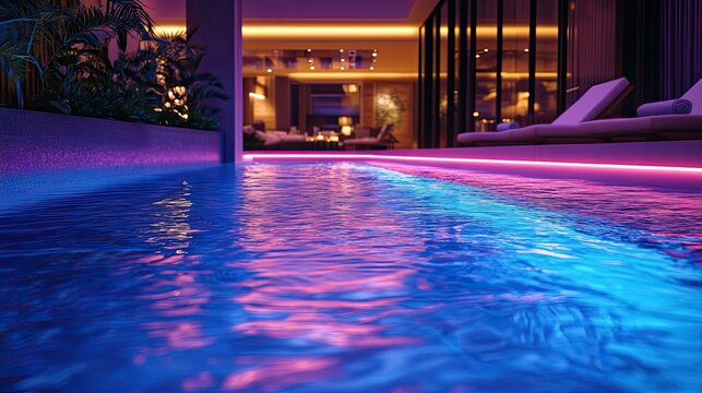 Bar lighting reflecting on water surface of swimming pool at night, nightlife and luxury atmosphere concept