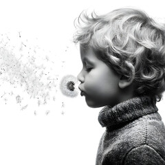 Child blowing dandelion seeds of change isolated on white background