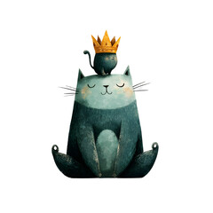 Floating crown above meditating cat figure isolated on white background