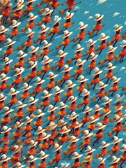 Obraz premium Numerous dancers in white hats and red outfits performing synchronized moves on a blue floor with shadows visible.