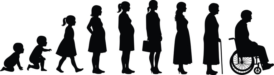 Human life cycle progression illustration, silhouette style, diverse age stages from baby to elderly, aging timeline, growth journey representation