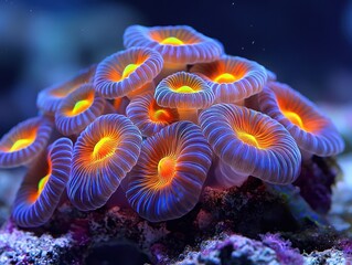 Vibrant coral cluster in an aquarium.  Close-up of numerous,  radiating,  circular corals in vivid blues and oranges.  Soft focus background