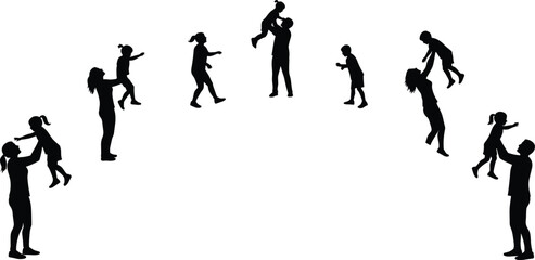 Silhouette of family kneeling in prayer together, unity of faith, spiritual devotion, black and white worship moment, meditation illustration