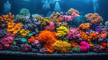 Obraz premium Vibrant coral reef aquarium. Colorful corals in various shapes and sizes populate a large aquarium. Aquarium water is a deep blue, with bubbles rising from the depths