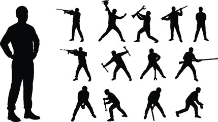 Silhouettes of soldier, worker, and athlete in dynamic action poses, black vector illustration, professions, power, strength, dedication, symbolism