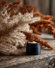 Black cosmetic cream jar with pampas grass on rustic wooden tabletop, natural skincare setup