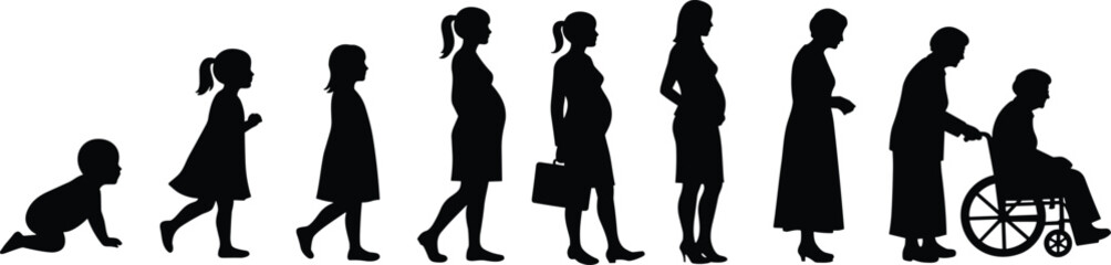 Life journey of woman shown by stages from baby to elderly, growth, aging, pregnancy, evolution, timeline, development, transformation
