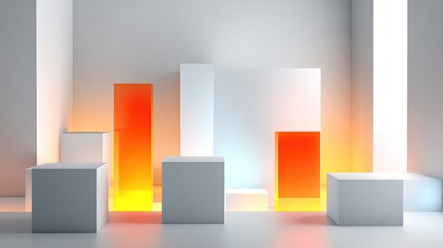 A minimalist 3D rendering shows luminous orange glass rectangular prisms on white cubic platforms within a bright, white, subtly-lit room with soft shadows