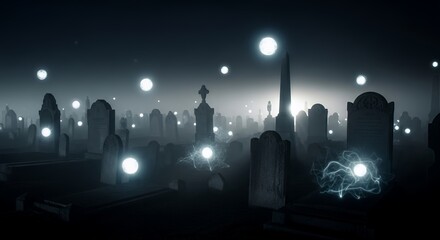 Spooky graveyard at night with glowing orbs
