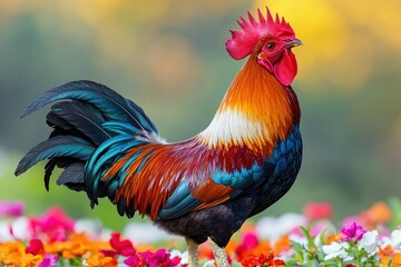 Vibrant rooster amidst colorful flowers
