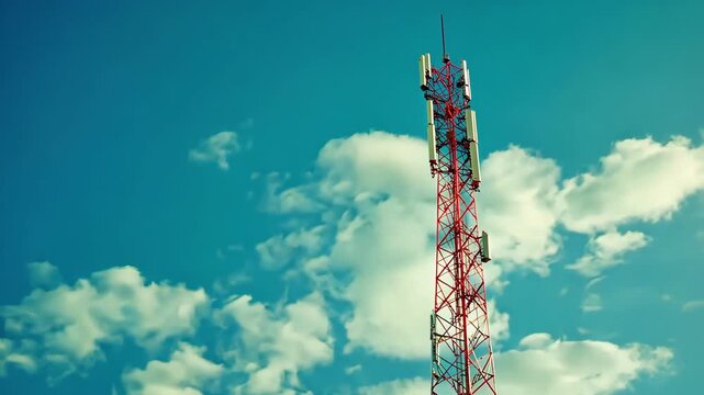 Cell tower against blue sky with clouds, wireless technology and communication infrastructure. Telecommunication antenna for mobile network and internet.