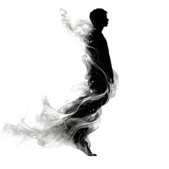 Human silhouette with flowing soul stream isolated on white background