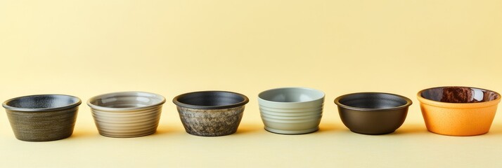 A row of bowls of different colors and sizes are lined up on a yellow background