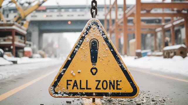 Caution sign warns of fall zone danger in winter construction landscape scene