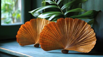 Dried palm leaves on window sill.