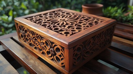 Intricate carved wooden box on table.