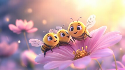 Three cute cartoon bees sitting on pink flower in soft glowing garden with warm sunlight