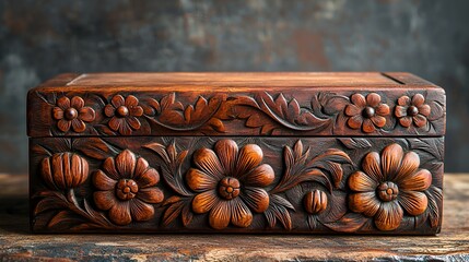 Intricate floral carving on antique wooden box.