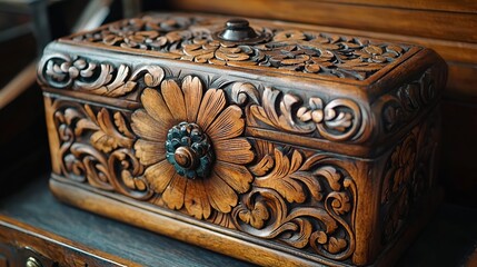 Intricate carved wooden box with floral design.
