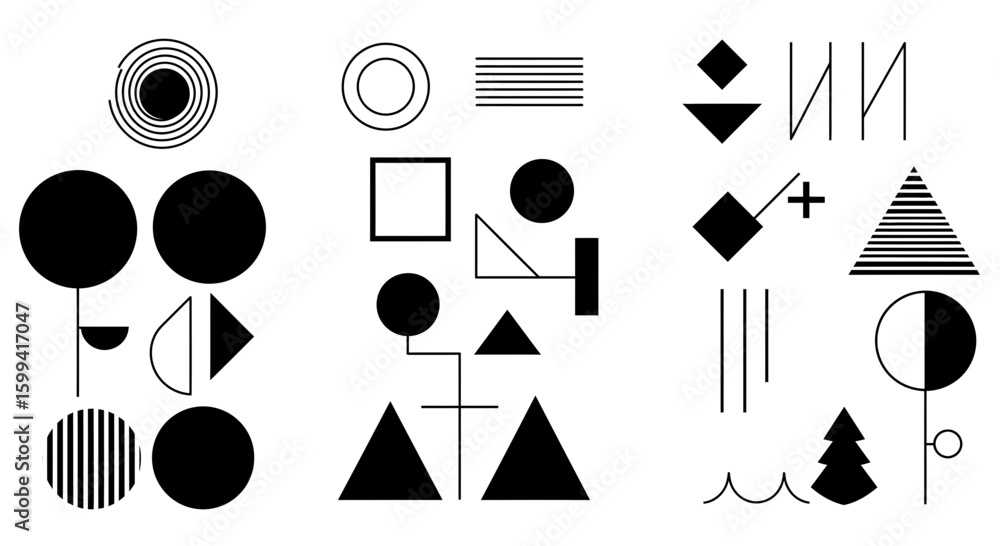 Poster abstract geometric composition with circles triangles and squares in black and white