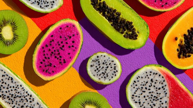 Vibrant Tropical Fruit Slices on Colorful Background - Powered by Adobe