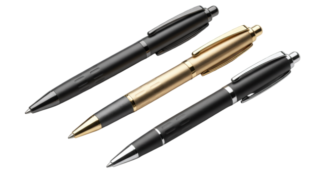 Three elegant pens, black, gold, and silver, arranged on a white background.