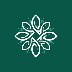 Symmetrical Floral Design with White Petals and Teal Leaf Accents