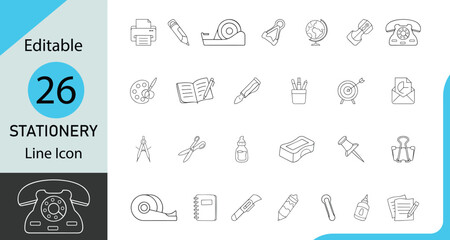 Unique, Clean and variety style Stationery vector icon collection, Editable line art Stationery vector icon set like compass, crayon, hourglass, globe, notebook, pencil, pencil holder and more