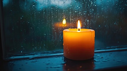Candle glowing behind rainy window reflection, moody cozy ambiance, rainy day scene with candlelight and emotion