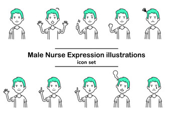 緑髪の男性看護師が感情を表現するベクターアイコンセット、医療系に最適