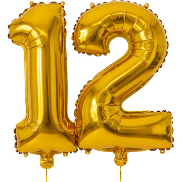 Gold foil number twelve balloons, ready for a celebration.